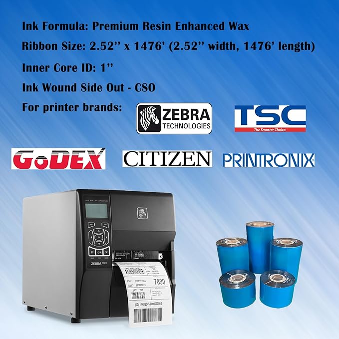 2.52'' x 1476' Premium Resin Enhanced Wax Ribbon, 64mm x 450m Black Thermal Transfer Ribbon for Barcode Thermal Label Printers, CSO-Ink Outside, 1'' Core for Zebra, TSC, GoDex, Citizen (1 Roll)