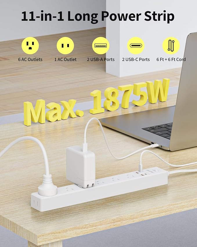 2 Pack Power Strip Surge Protector - 7 Outlets 4 USB Ports (2 USB C), 6 Ft Ultra Thin Flat Plug Extension Cord, 1875W/15A, 1700 Joules, Wall Mount for Home Office Dorm, White