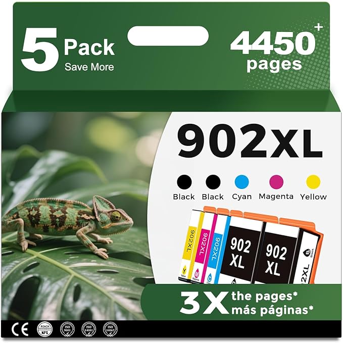 902XL 5 Combo Pack Ink Cartridge Compatible for HP 902 HP902 XL (2 Black CMY) Work with OfficeJet Pro 6978 6968 6970 6975 6960 6979 OfficeJet 6958 6962 6950 6954 6951 6956 6961 6963 6964 Printers