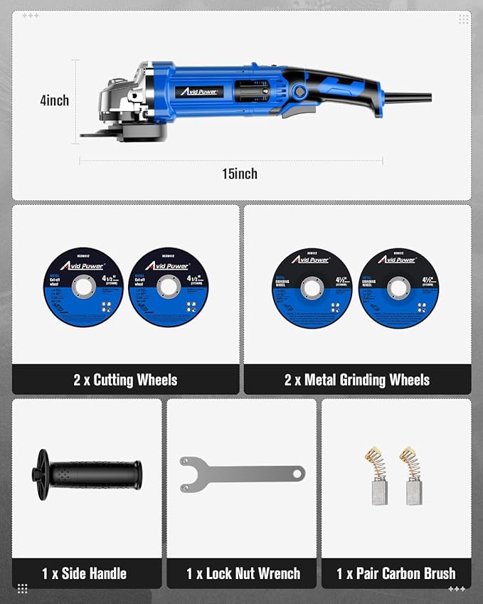 AVID POWER Angle Grinder 4-1/2 Inch 8.0 Amp 1000W Electric Grinder Tool 7-Variable-Speed Metal Grinder, 11,500 RPM, Paddle Switch with Lock-on Button, Cutting & Grinding Wheels and Side Handle - Blue