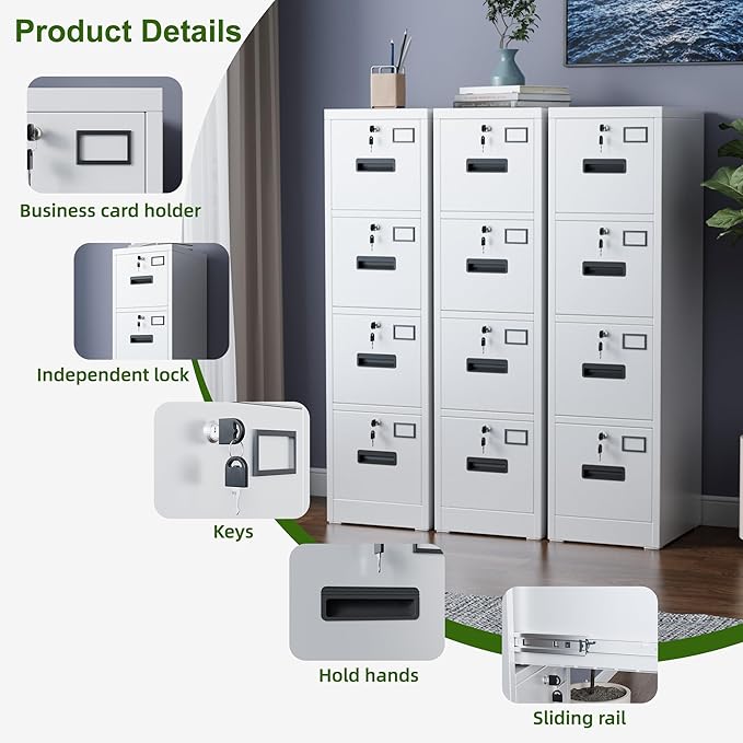 Aobabo 4 Drawer File Cabinet, Metal Filing Cabinet with Lock, Suitable for Home Office School Hanging Files Letter/Legal/A4 Size,White,Required-Assembly,17.72" D x 14.96" W x 55.2" H