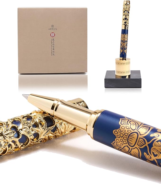Executive Rollerball Pen Sets With Stand - Museum Art Collections - Crafting Timeless Beauty - Luxury Pen Gift & Office Desk Decor, German SCHMIDT refill, Solid Metal & Marble Texture