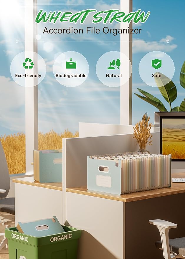 Accordion File Organizer, 26 Pockets Wheat Straw Expanding File Folders, Upright&Open Top, A-Z Bill Receipt Organizer, 100% BPA Free, Return to Nature, Healthy Living, Letter/A4 Size-Sky Blue