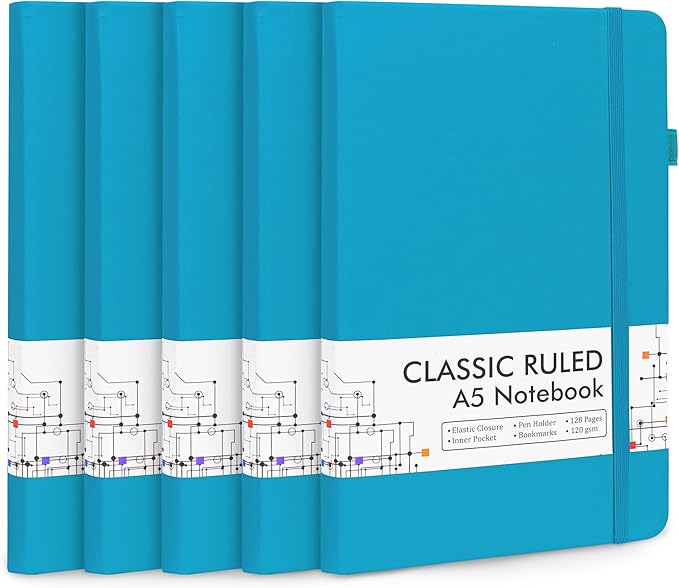 5 Pack Journal Notebook Bulk for School, Feela Hardcover Business Notebooks Classic Ruled Lined Journals with Pen Holder for Work Note Taking, with 5 Black Pens, 120 GSM, 5.1”x8.3”, A5, Teal