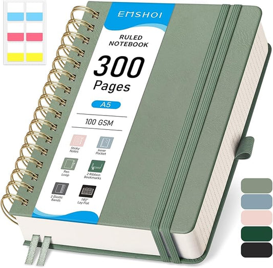 EMSHOI Spiral Notebook College Ruled, 300 Numbered Pages, A5 Small Hardcover Leather, 100 GSM Thick Lined Journal for Women Men Work Writing Journaling Note Taking, 5.7" x 8.22", Light Green