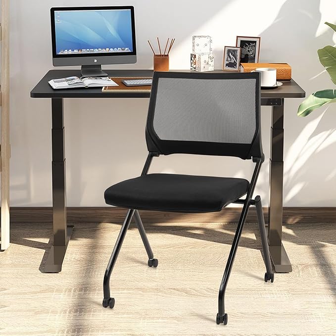 CLATINA Stackable & Foldable Conference Room Chairs, Waiting Room Chairs with Wheels & Lumbar Support, Ergonomic Mesh Bouncing Back Folding Chair for Office Meeting Schools Training Room, Black(4pk)