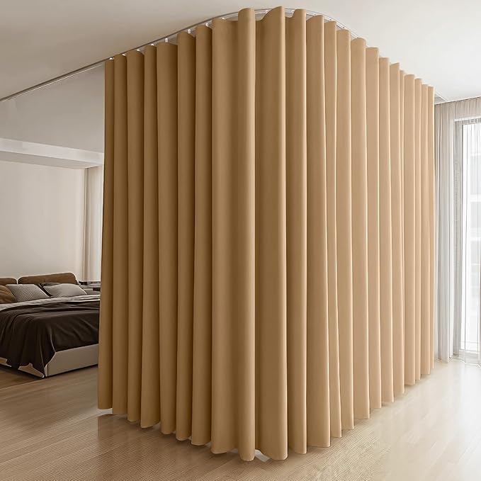 Room Divider Curtains & Flexible Bendable Tracks Set,Privacy Dividers Ceiling Track Curtain Window Blackout Curtains for Living Room Bedroom (W100 × H96 in 1 Panel Khaki Drape & White Rail)