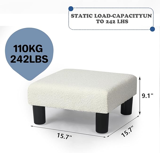 Joveco Small Foot Stool Ottoman, Cotton Line Square Footstool Upholstered Footrest Foot Rest for Chair, Under Desk, Office, Living Room, Pinstripe White