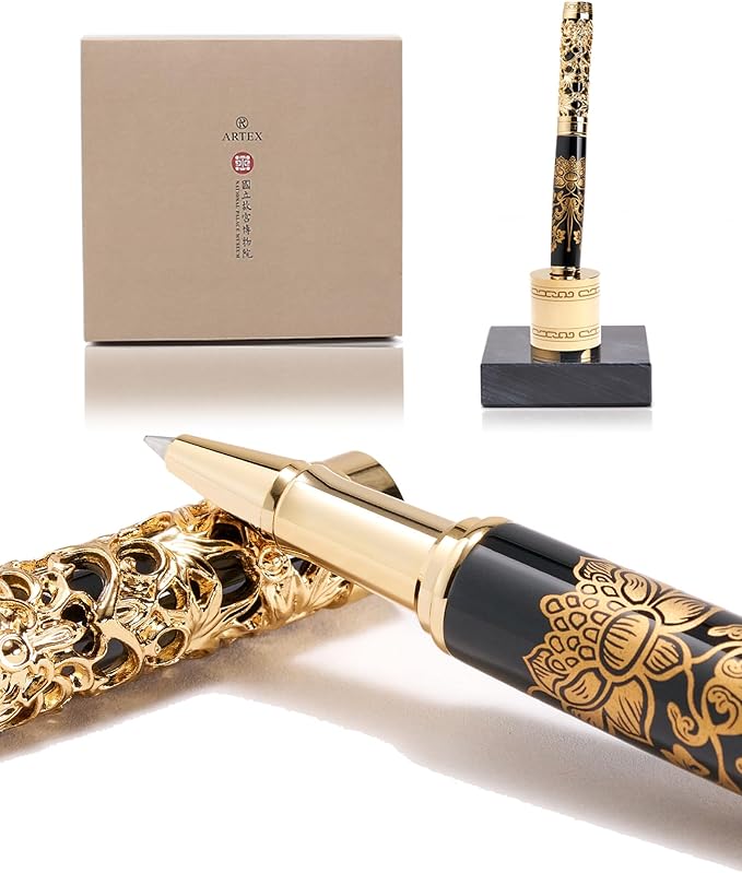 Executive Rollerball Pen Sets With Stand - Museum Art Collections - Crafting Timeless Beauty - Luxury Pen Gift & Office Desk Decor, German SCHMIDT refill, Solid Metal & Marble Texture
