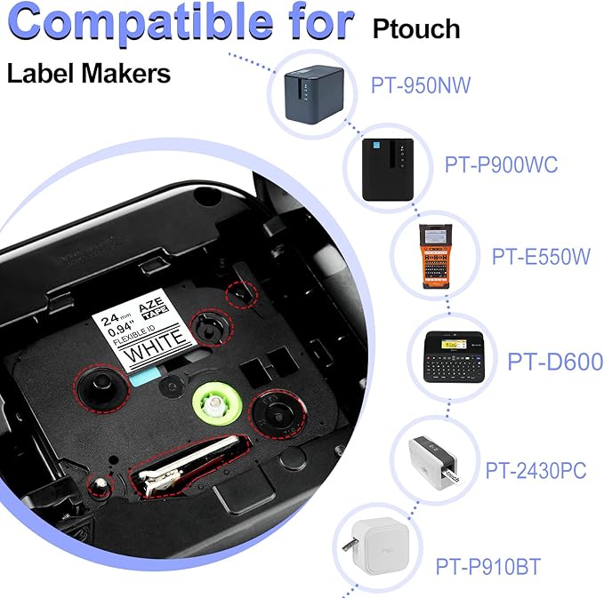 2PK TZe-FX251 1" Compatible for Ptouch Flexible ID Laminated Tape TZ-FX251 24mm 0.94 White Cable Wire Labels Tape for PT-D600 PT-D610BT PT-P710BT P700 Label Maker