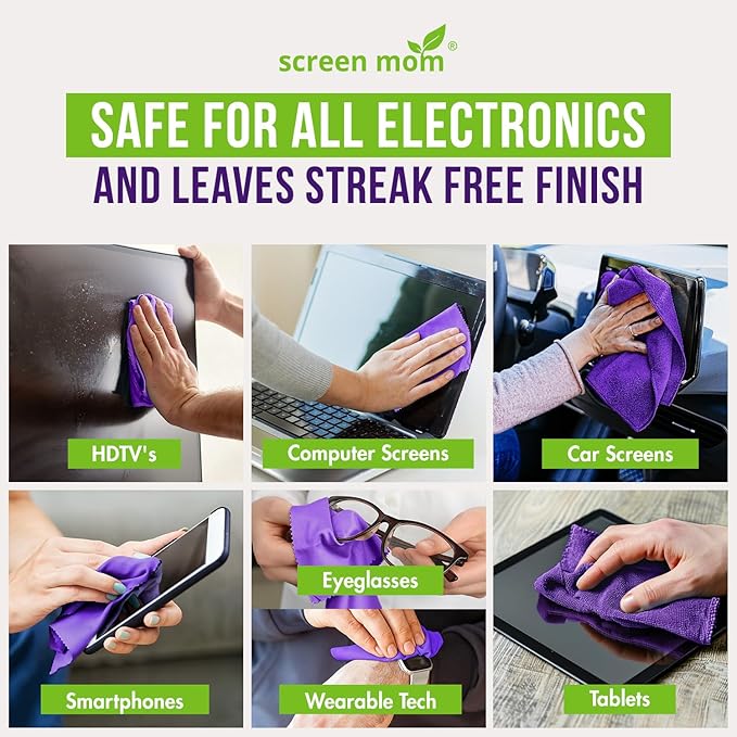 Screen Cleaner Spray and 4 Microfiber Cloths Bundle 8oz & 2oz, by Screen Mom, Eyeglasses or Monitor Screen Cleaner Spray and Wipe, Electronic Cleaner Spray, Car Screen Cleaning Kit