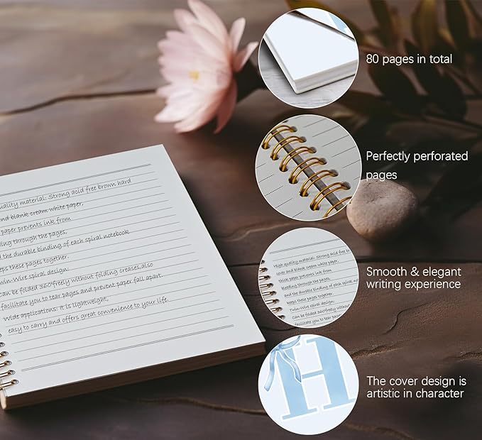 Initial H Notebook Journal,Personalized Teen Girl Gifts,Coquette Trendy Preppy Blue Bow Spiral Notebook,Monogrammed Gifts for Women Teen Girl,College Ruled Hardcover Spiral Notebook 5.5 x 8.3