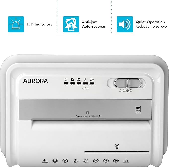 Aurora Anti-Jam 12-Sheet Cross-Cut Paper/CD and Credit Card Shredder with 4 Gallon Pullout Basket/Security Level P-4