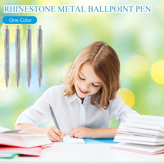 Jeyiour 6 Pcs Bling Pen Cute Diamond Wedding Rhinestones Gift Metal Ballpoint Fancy Sparkly Crystal Retractable Black Ink Pen for Women Office Birthday 0.7mm(Colorful Silver, Silver)