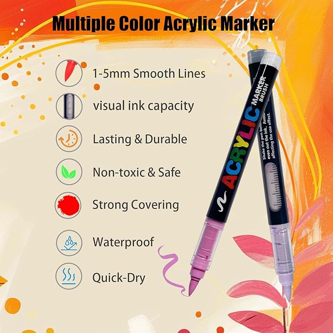 36 Colors Acrylic Paint Markers Set, Soft Brush Tip Pens for Rock, Wood, Canvas, Glass, Ceramic, Fabric, DIY Craft Projects – Waterproof, Quick-Dry, Vibrant Ink for Artists & Beginners