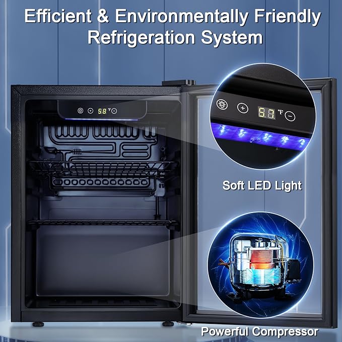 Antarctic Star Beverage Refrigerator Cooler-68 Can 16 Bottle Mini Fridge for Soda Beer Wine Champagne,Glass Door, Drink Dispenser, Knob Control,for Home and Bar,1.7Cu.Ft,Black