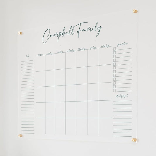 Personalized Clear Acrylic Calendar for Wall, Calendar Whiteboard for Wall, Dry Erase Wall Calendar, Wall Calendar Organizer System for Home (Cursive, Jade, 47.5"W x 36"H)