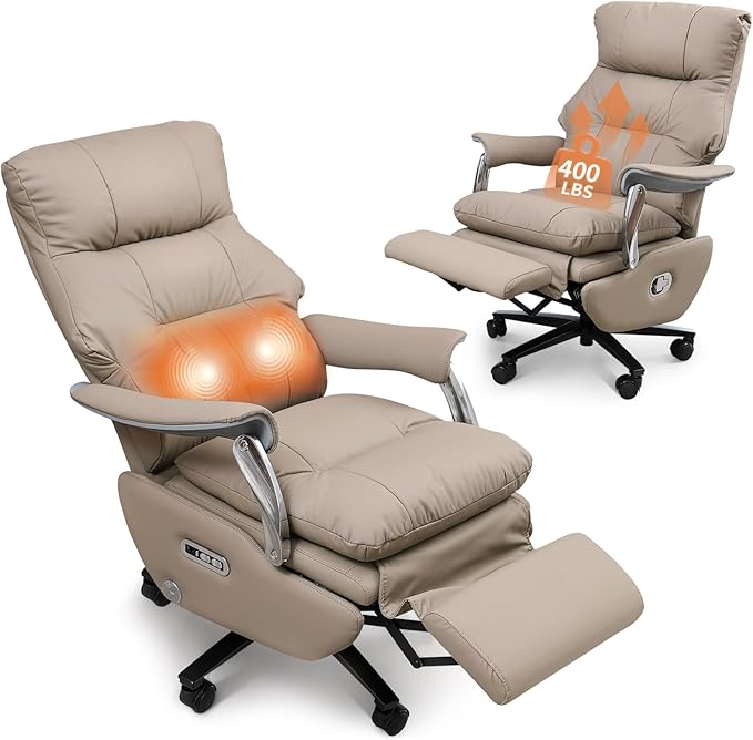Dual Motor Electric Genuine Leather Executive Office Chair with Foot Rest, Comfortable Reclining Office Chair with Massage, Big and Tall High Back Comfy Ergonomic Home Office Desk Chairs 400lbs, Khaki