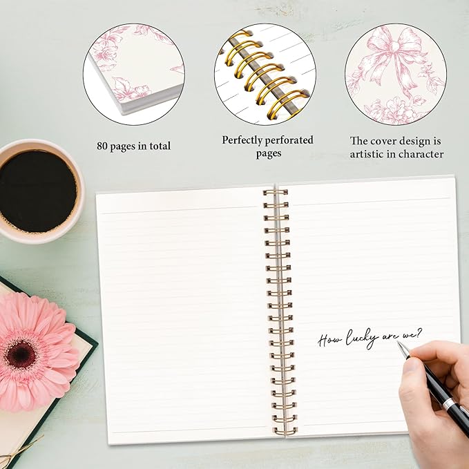JXREQ Pink Bow Floral Chinoiserie Notebook Journal for Women Note Taking Writing Bible Notes, Coquette Aesthetic Office School Supplies, Girly Spiral Notebooks 5.5x8.3