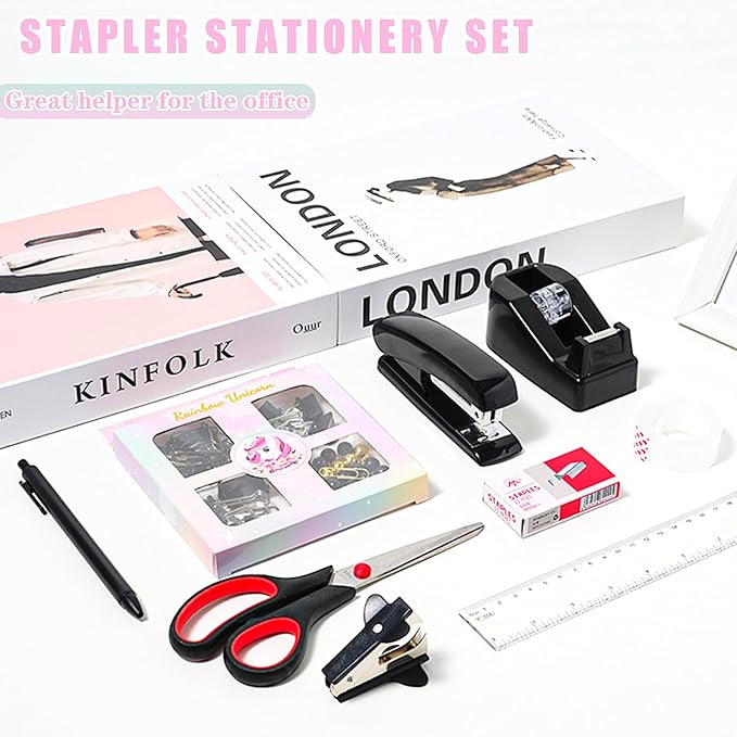 Black Desk Accessories with Pen Holder, Office Supplies Desk Organizers and Accessories, Tape Dispenser, Stapler, Staple Remover, Staples, Clips Set, Ruler, Scissor, Pen, Tape (Black)