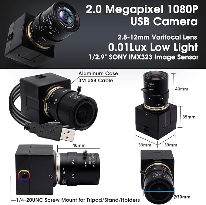SVPRO USB Camera 1080P HD Webcam with Zoom Lens 2.8-12mm,Manual Focus Web Cam for Computer,H.264 Low Light Camera with Sony IMX323 Sensor for Streaming/Video Conference/Studio
