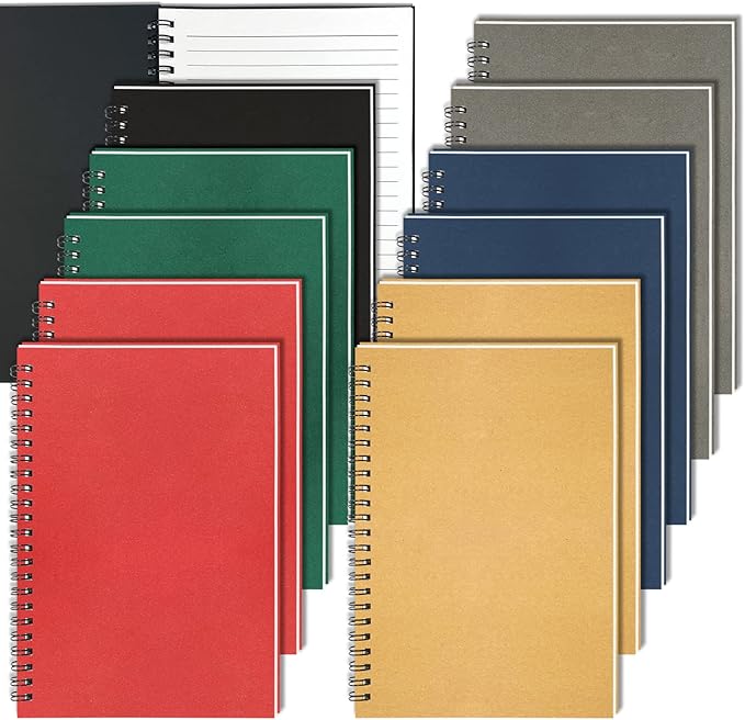 GINMLYDA Small Spiral Notebook 12Pack, 120 Lined Pages 8.25x5.50 Inches Spiral Journal Kraft Cover Notebooks & Writing Pads for School Home Office Aesthetic Sketch Drawing Note