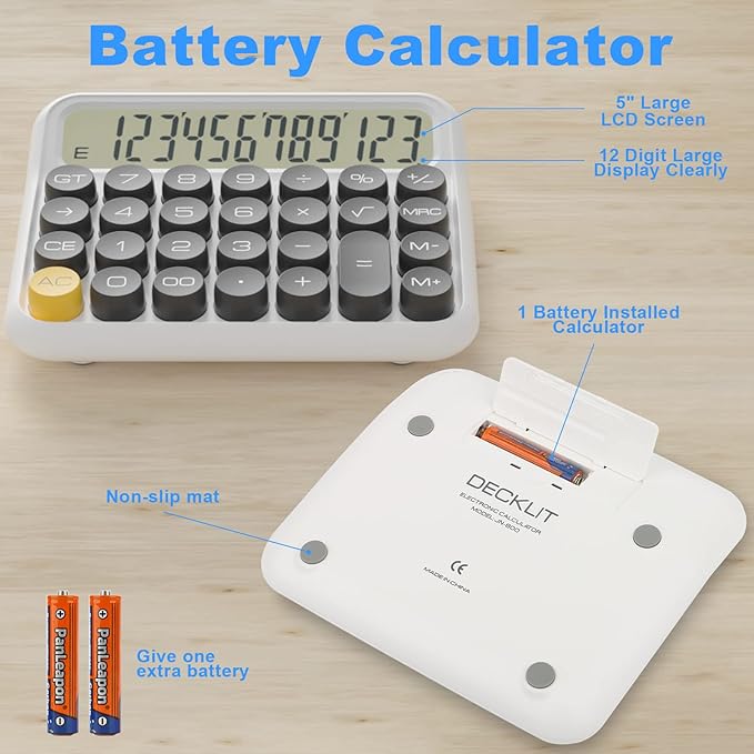Mechanical Calculator 12 Digit Extra Large 5-Inch LCD Display, DECKLIT Battery Desk Calculator, Big Buttons Easy to Press Use as Office Calculators Desktop, 15°Tilt Screen for Kids Calculator(Black)