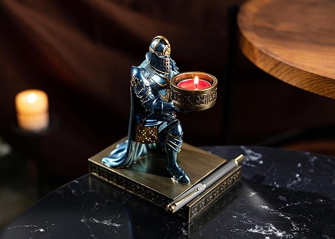 King's Guard Kneeling Knight Candlestick Holders Resin Posture TeaLight Holder Warrior Mobile Phone Stand Pen Holder Candle Holder for Restaurant, Altar, Home Table(Blue)