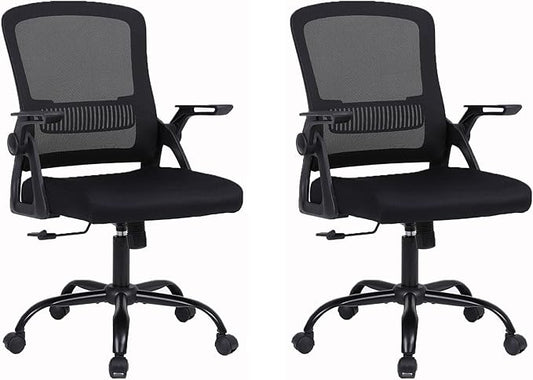 Office Chair, Ergonomic Desk Chair with Lumbar Support, Breathable Mesh Chair with Flip-up Armrests and Mid Back, Comfy Task Computer Height Adjustable Swivel Chair (2, Black)