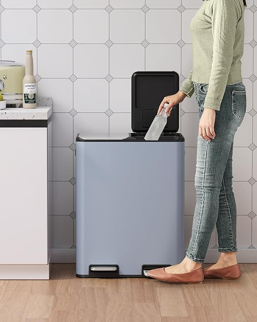 Arlopu 16Gal Dual Trash Can w/2 Built-in Box for Odor Control, Hands-Free Kitchen Garbage Bin, Recycle Waste Dustbin, Soft-Close Lid, 2 Buckets,Foot Pedal, Side Handle, Airtight,for Home Office