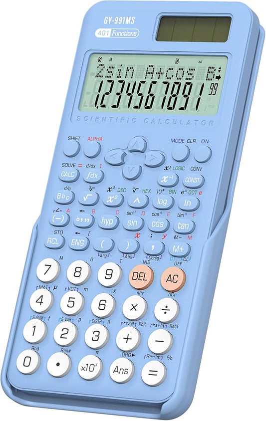 Scientific Calculator School Supplies, ROATEE 991MS 401 Functions 2-Line Display Desktop Calculator with Sliding Cover, Solar Battery Dual Power Kawaii for Middle High School Student and Teacher Blue