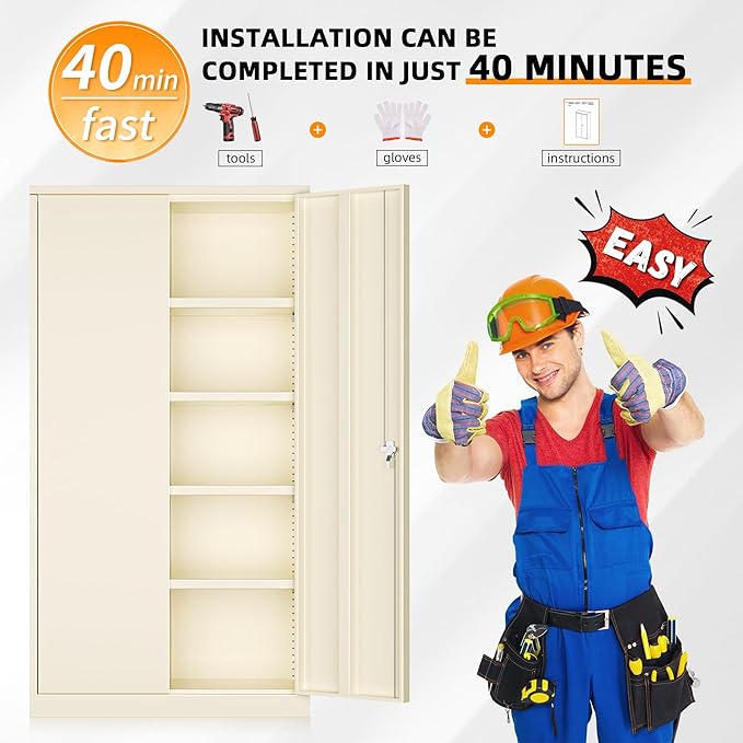 INTERGREAT Tall Metal Storage Cabinet Locking Steel with 4 Adjustable Shelves,72" Lockable Cabinets Lock 2 Doors for Office Garage Supply Home (Cream Grey)