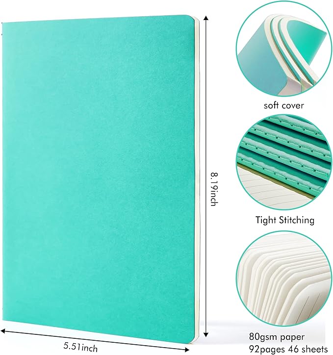 feela 8 Pack Soft Cover Journal Bulk, Notebooks College Ruled for Work, Lined Travel Journal for Women Men, Note Taking Notebook School Supplies Business Writing, 8.2” x 5.5”, A5, Emerald