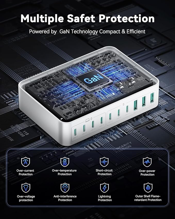 480W USB C Charger Block, Rocoren 10-Ports USB C Charging Station for Multiple Devices,PD 100W Type c Gan Fast Charger Station Multi USBC Charging Hub for Laptop MacBook HP iPad iPhone Samsung