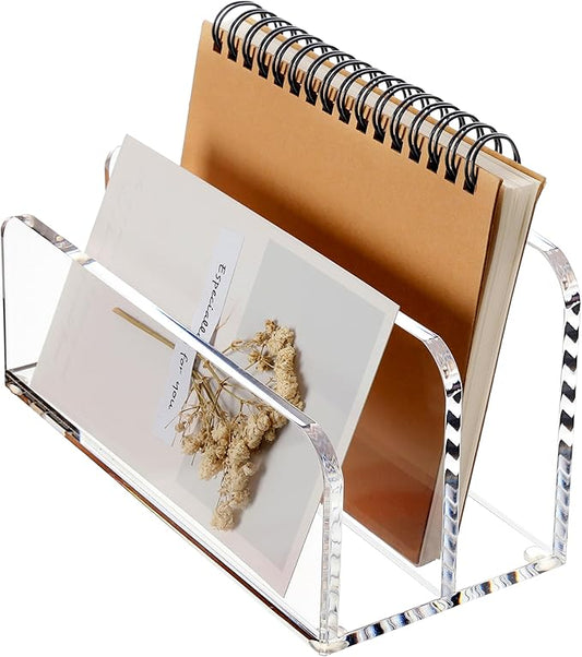 SANRUI Acrylic Mail Sorter Desktop Organizer Holder, 2 Compartments Clear Small File Script Letter Office Document Storage for Desk Bill Filling Envelope Holder Office, Home, School Desk Organization
