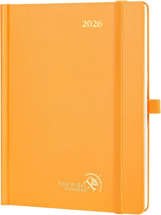 POPRUN 2026 Planner (Medium Size 8.5''x 6.5'' Hardcover) - Daily Weekly and Monthly Calendar Agenda 2026 Appointment Book with Hourly Time Slots, Monthly Tabs, 100 GSM - Orange