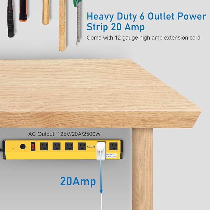 CCCEI Heavy Duty Power Strip Surge Protector 20 Amp, High Amp Industrial Shop Garage Metal Multiple Outlets, 10 FT Yellow Jacket 12 Gauge 5-15P Extension Cord 6 Outlet 6-20R T-Slot 20a for Appliance