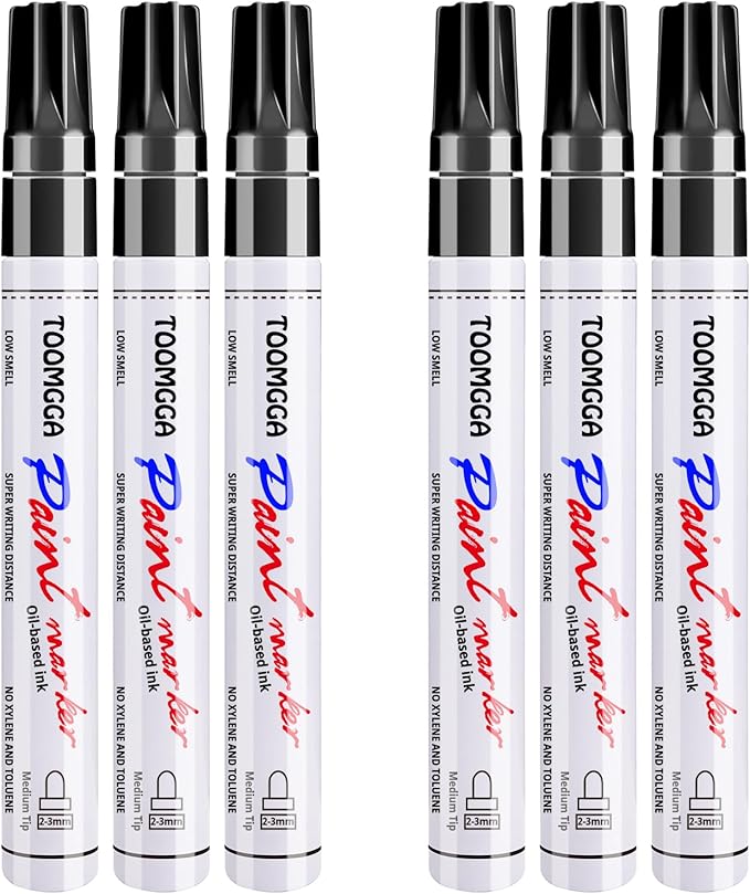 Black Paint Pens Permanent Paint Markers - 6 Pack Oil Based Marking Pens, Medium Point, Quick Drying and Waterproof Pens for Rock Painting Car Tyre Metal, Plastic, Canvas, Wood