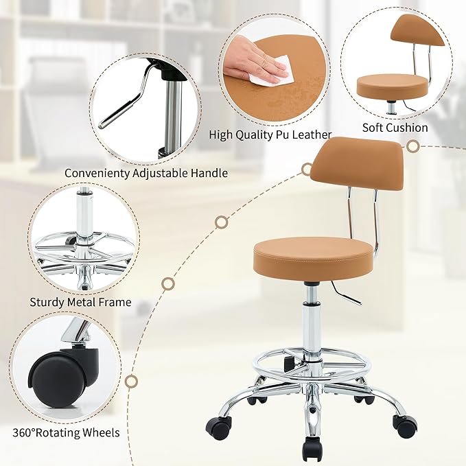 Rolling Stool with Back, Adjustable Tattoo Rolling Chair 19.5’’-26.6’’, Camel Brown Hairstylist Stool with Wheels (Camel Brown)