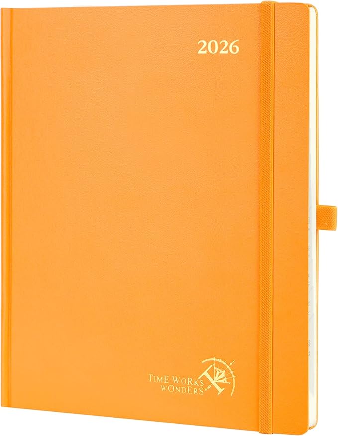 POPRUN 2026 Planner (Large Size 8.5''x 10.5'' Hardcover) - Daily Weekly and Monthly Calendar Agenda 2026 Appointment Book with Hourly Time Slots, Monthly Tabs, 100 GSM - Orange