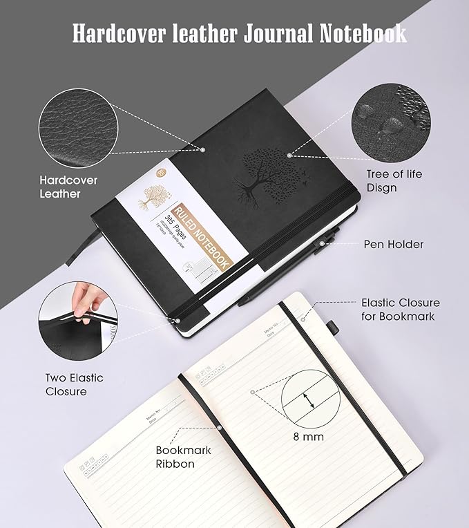 Lined Journal, 365 Pages B5 Large Hardcover Leather Notebook for Women Men, Daily Writing for Work, Note Taking, 100Gsm Thick Paper (7.6'' X 10'' Black)