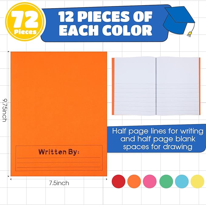 Henoyso 72 Pcs Primary Composition Notebook K-2 9 3/4 x 7 1/2 Inch Primary Journal, Back to School Supplies, Bulk Blank Writing Book for Kid to Write Draw Journal 60 Page Notebooks (Colorful)