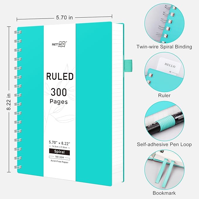 RETTACY Spiral College Ruled Notebook, 300 Pages, A5 Medium Size (5.7" x 8.2"), for School, Work, Writing, Journaling, 100 GSM Thick Paper, Flexible Plastic Cover (Tiffani Blue)