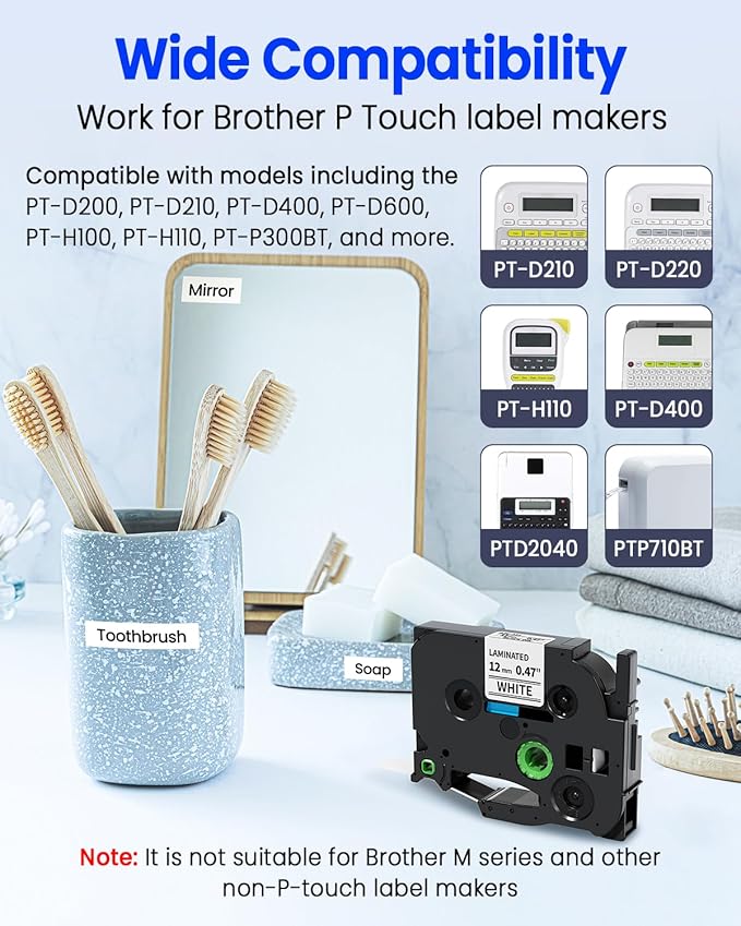 Airmall Replace for Brother Label Maker Tape TZe-231 TZe TZ Tape 12mm 0.47 Inch Laminated White TZe231 Black on White Compatible with Brother P-Touch 1/2" PT-D210 D220 H110 D400 D410 1280, 10-Pack