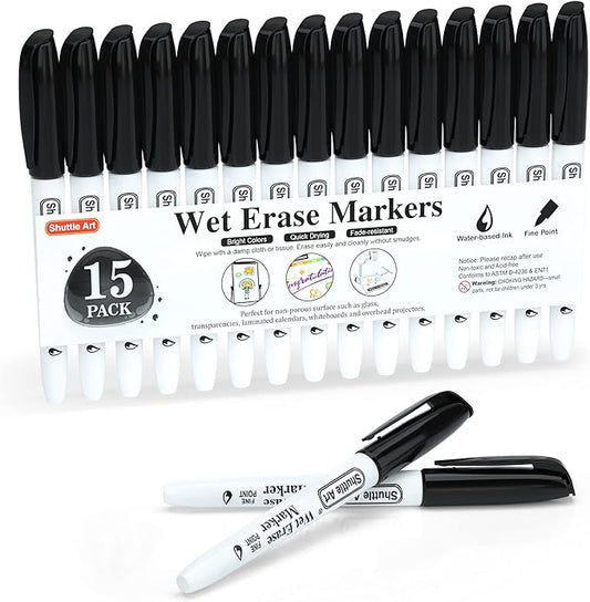 Shuttle Art Wet Erase Markers, 15 Pack Black 1mm Fine Tip Smudge-Free Markers, Use on Laminated Calendars,Overhead Projectors,Schedules,Whiteboards,Transparencies,Glass,Wipe with Water