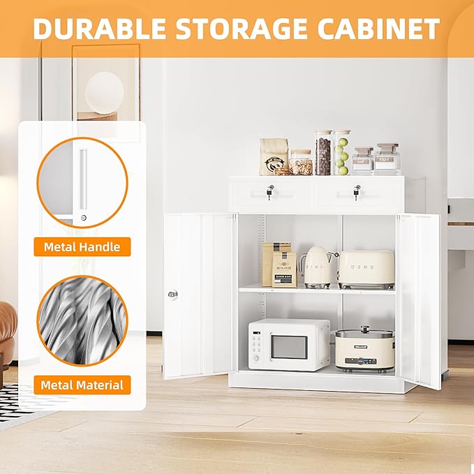 INTERGREAT Metal Cabinet with Drawers, Lockable Metal Storage Cabinets with Doors and Shelves for Garage, White Locking Garage Storage Cabinets 36"×32"×16"