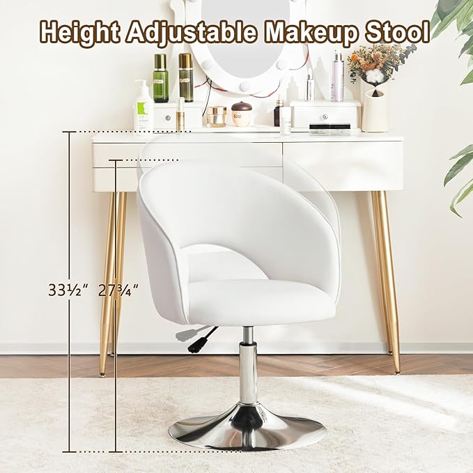 Furnimart Vanity Chair White Leather Vanity Stool, Height Adjustable Accent Chair with Back, Round Swivel Makeup Chair for Living Room Bedroom Vanity Makeup Room (PU White)