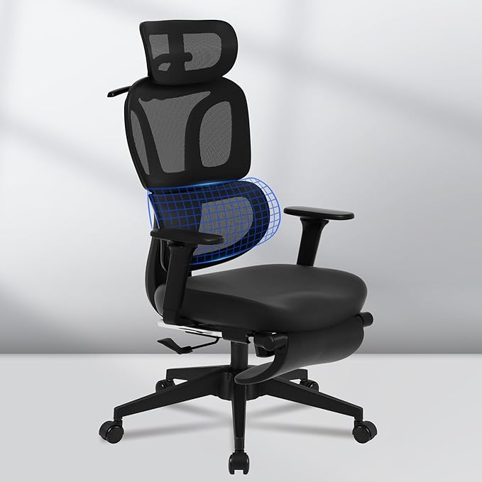 FLEXISPOT ErgoX-S Big and Tall Mesh Office Chair, Computer Desk Chair Adjustable Swivel with Footrest Lumbar Support Headrest and 360°Rotation for Home Office, Black Foam