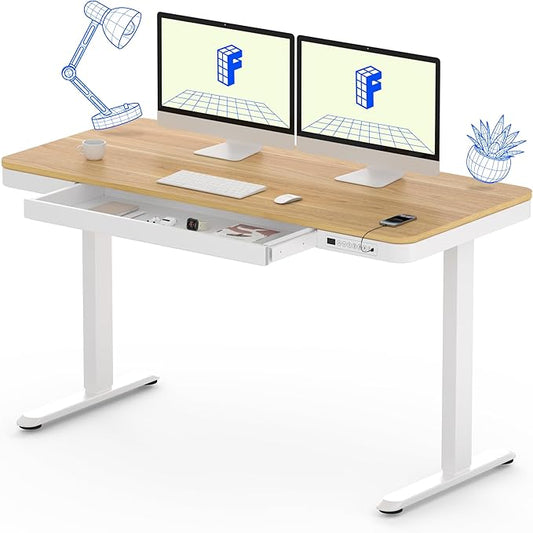 FLEXISPOT 55" Electric Standing Desk with Drawers, Quick Assembly Home Office Sit Stand Desk with Storage, USB Charging, Computer Desk for Home Office (Maple Top + White Adjustable Frame, Comhar)