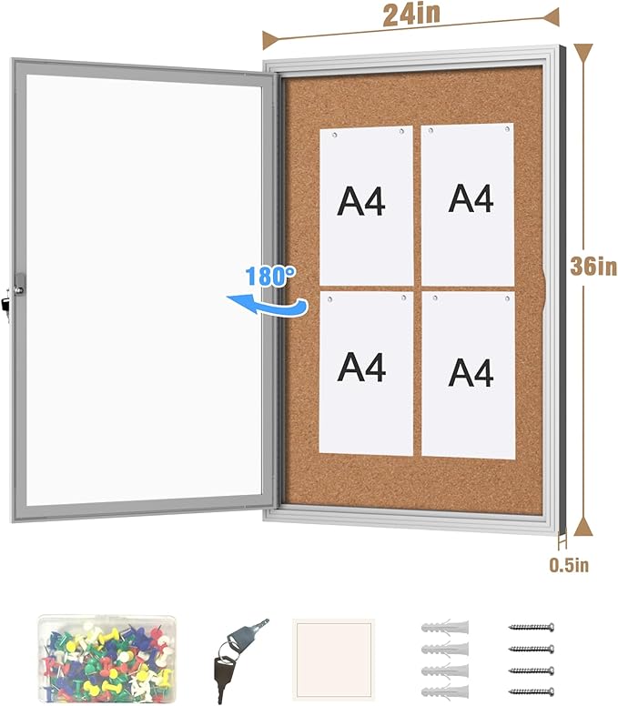 36"x24" Enclosed Bulletin Board, Outdoor Lockable Weather-Resistant Aluminum Cork Noticeboard for School & Office, Silver Frame w/Cork